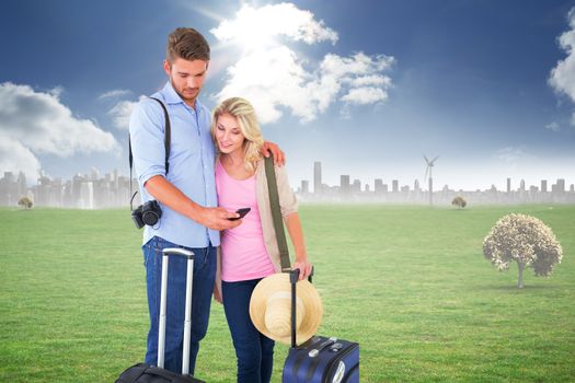 Attractive young couple ready to go on vacation against cityscape on the horizon