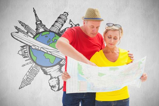 Lost tourist couple using map against white background
