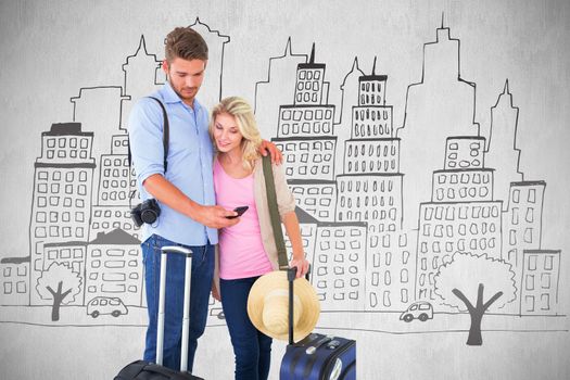 Attractive young couple ready to go on vacation against white background