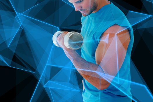 Sporty young man with dumbbell in gym against abstract glowing black background