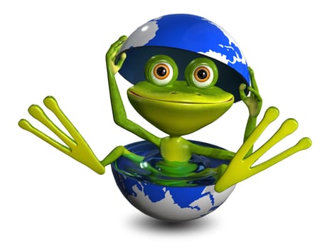 illustration merry green frog in the globe with water