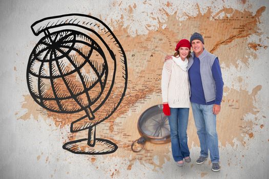 Happy couple in warm clothing against world map with compass showing north america