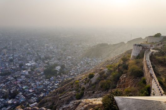 Sunset at Nahargarh fort and wiew to Jaipur city, India 