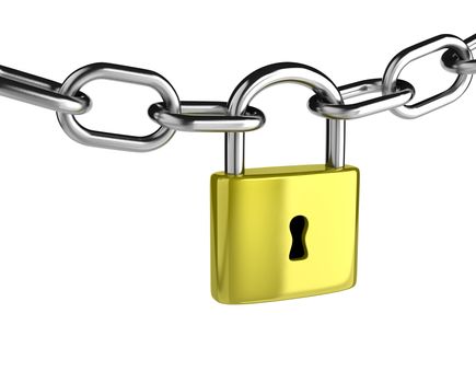 Metal Chain with a Closed Padlock on White Background