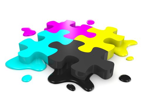 CMYK Colors Puzzle Pieces Combined with Ink Stains on White Background Illustration