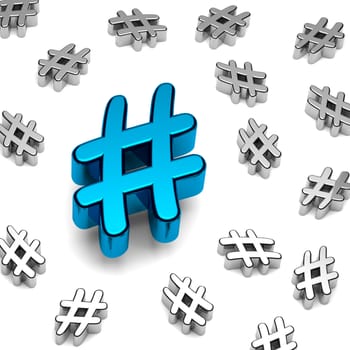 Blue Metallic Hashtag on White Background 3D Illustration