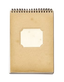 Grunge spiral close notebook, brown paper cover, isolated on white