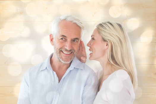 Woman whispering a secret to husband against light circles on grey background
