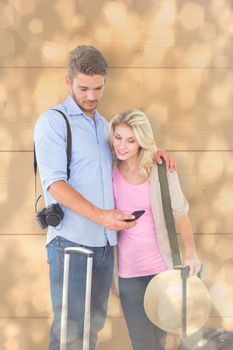 Attractive young couple ready to go on vacation against light glowing dots design pattern
