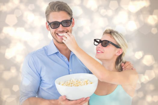 Happy young couple wearing 3d glasses eating popcorn against light glowing dots design pattern