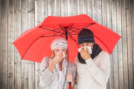 Couple in winter fashion sneezing under umbrella against wooden planks background