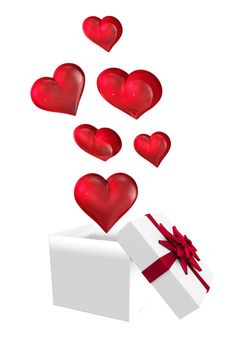 Hearts flying from box on white background