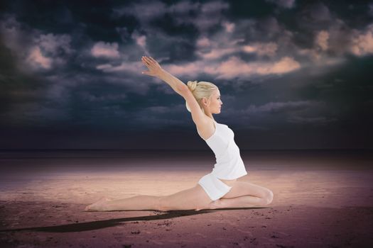 Toned young woman stretching hands backwards against dark cloudy sky