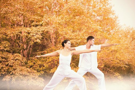Peaceful couple in white doing yoga together in warrior position against peaceful autumn scene in forest