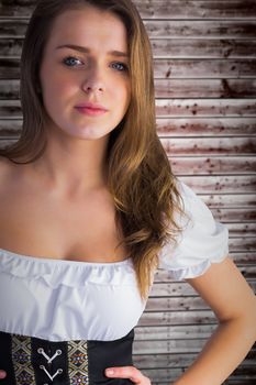 Oktoberfest girl looking at camera against wooden planks