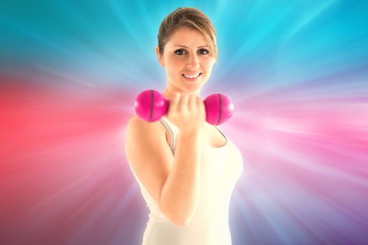 Woman lifting weights  against abstract background