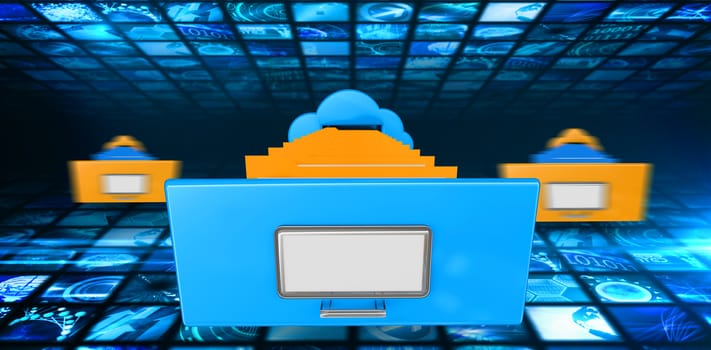 Cloud computing drawer against walls of digital screens in blue