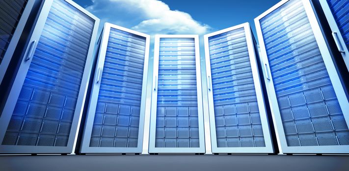 Server room against bright blue sky with clouds