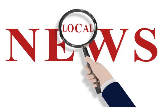 Illustration of a hand holding a magnifying glass with the words "Local News"