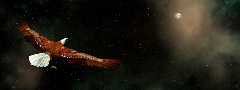 Eagle flying in the universe with nebulas - 3D render