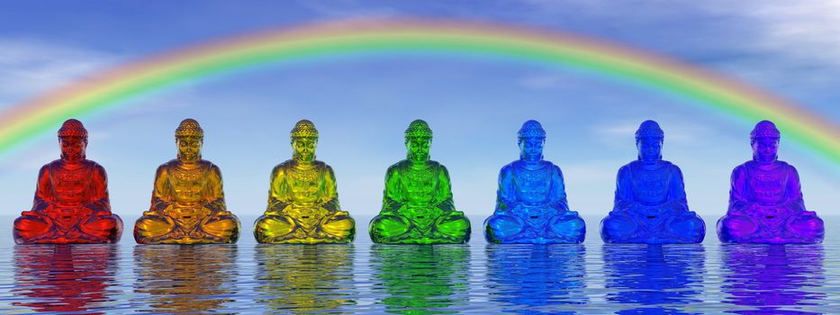 Seven small buddhas in chakra colors meditating under rainbow and upon water by day - 3D render