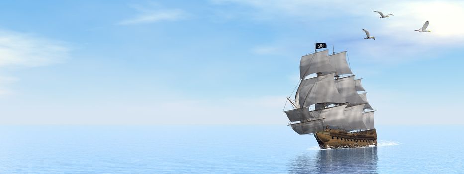 Beautiful detailed Pirate Ship, floating on the ocean surrounded with seagulls by day - 3D render
