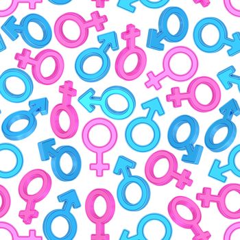 Seamless background of male and female gender symbols on white background. High resolution 3D image

