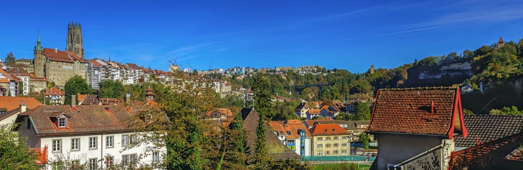 Panoramic view of cathedral of St. Nicholas in Fribourg, Switzerland