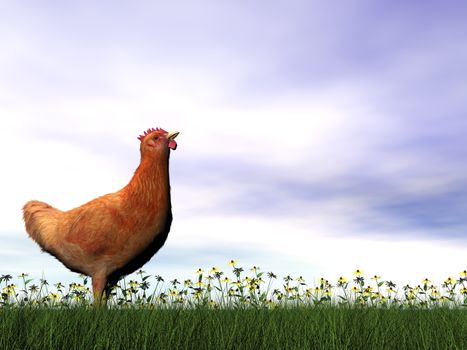 Red hen standing in the grass by cloudy day - 3D render