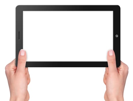 Modern computer tablet with hands screen size 16x9. White background