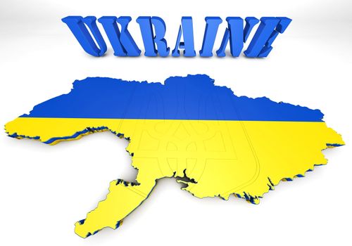 3d map illustration of Ukraine with flag and coat of arms