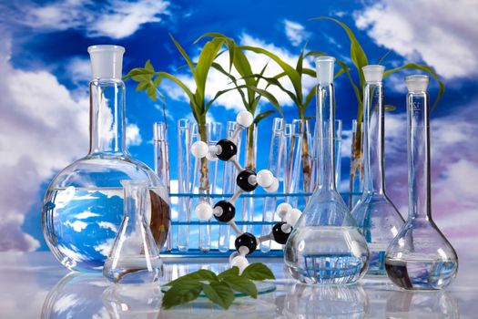 Chemical laboratory glassware, bio organic modern concept