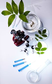 Chemical laboratory glassware, bio organic modern concept