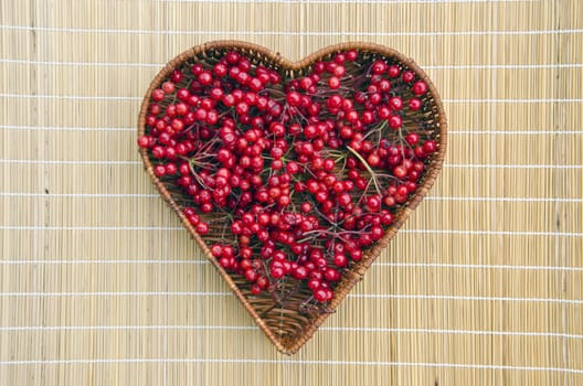 fresh viburnum red healthy medical berry in wicker heart form basket on table