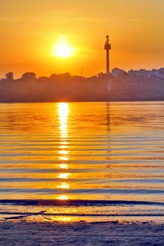 sunset over danube river in galati, romania