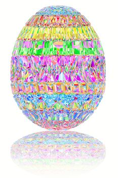 Easter egg composed of colorful gemstones on glossy white background. High resolution 3D image