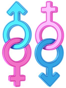 Set of male and female gender symbols chained together on white background. High resolution 3D image