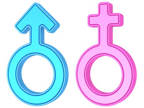 Male and female gender symbols of blue and pink colors on white background. High resolution 3D image