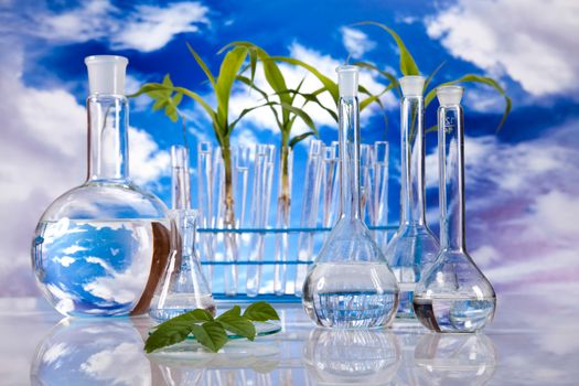 Chemical laboratory glassware, bio organic modern concept
