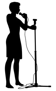 Illustration of a girl holding a microphone and microphone stand while singing