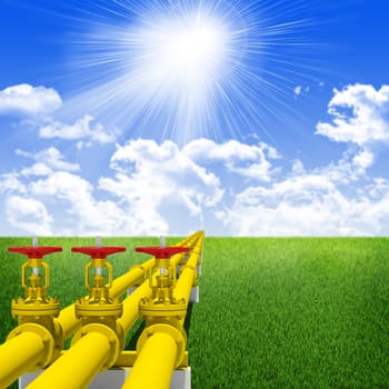 Three industrial pipes for gas transmission. Against background of blue sky , clouds and green grass