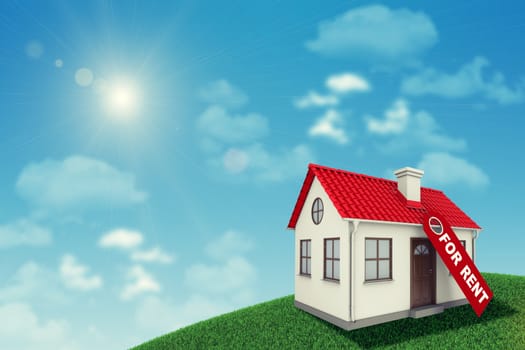White house with red roof, brown door and chimney on green grassy hill for sale. Background sun shines brightly and clouds. Blue sky