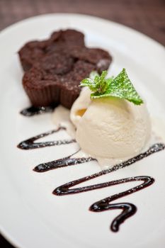 chocolate cake with ice cream at white plate