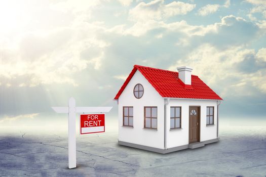 White house for rent with red roof, brown door and chimney. Background sun shines brightly on large clouds