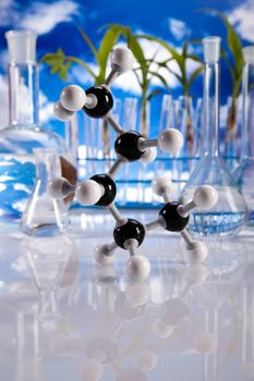 Chemical laboratory glassware, bio organic modern concept