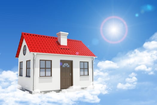 White house with red roof, brown door and chimney in clouds. Background sun shines brightly. Blue sky