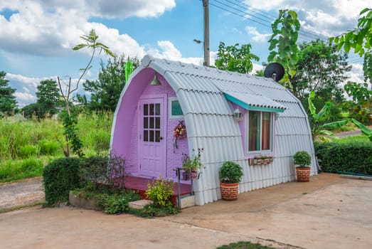 Cute Small Purple Cottage with Wave Roof.