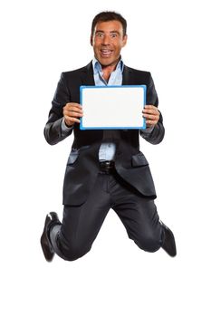 one business man jumping holding showing whiteboard in studio isolated on white background