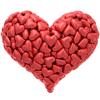 Heart shape composed of many red hearts isolated on white. High resolution 3D image