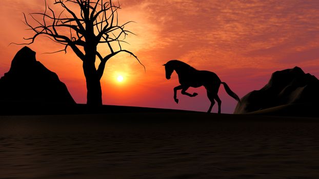 Illustration of a horse running under sunset in the desert